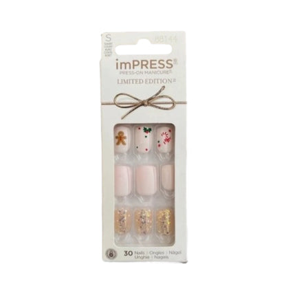 KISS imPRESS Limited Edition Holiday Press-On Manicure with PureFit Technology, Short Length, Square Shaped, Pink Press-On Nails, Style 'Dear Santa’