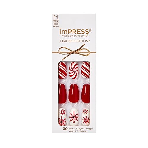 KISS imPRESS Limited Edition Holiday Press-On Manicure with PureFit Technology, Medium Length, Coffin Shaped, Red Press-On Nails, Style 'Tis the Season’