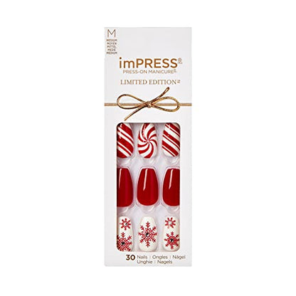 KISS imPRESS Limited Edition Holiday Press-On Manicure with PureFit Technology, Medium Length, Coffin Shaped, Red Press-On Nails, Style 'Tis the Season’