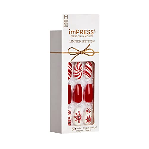 KISS imPRESS Limited Edition Holiday Press-On Manicure with PureFit Technology, Medium Length, Coffin Shaped, Red Press-On Nails, Style 'Tis the Season’
