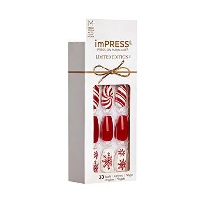 KISS imPRESS Limited Edition Holiday Press-On Manicure with PureFit Technology, Medium Length, Coffin Shaped, Red Press-On Nails, Style 'Tis the Season’