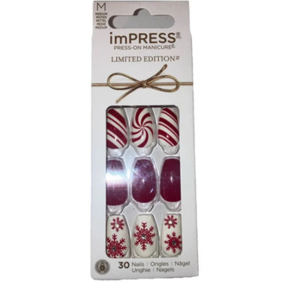 KISS imPRESS Limited Edition Holiday Press-On Manicure with PureFit Technology, Medium Length, Coffin Shaped, Red Press-On Nails, Style 'Tis the Season’