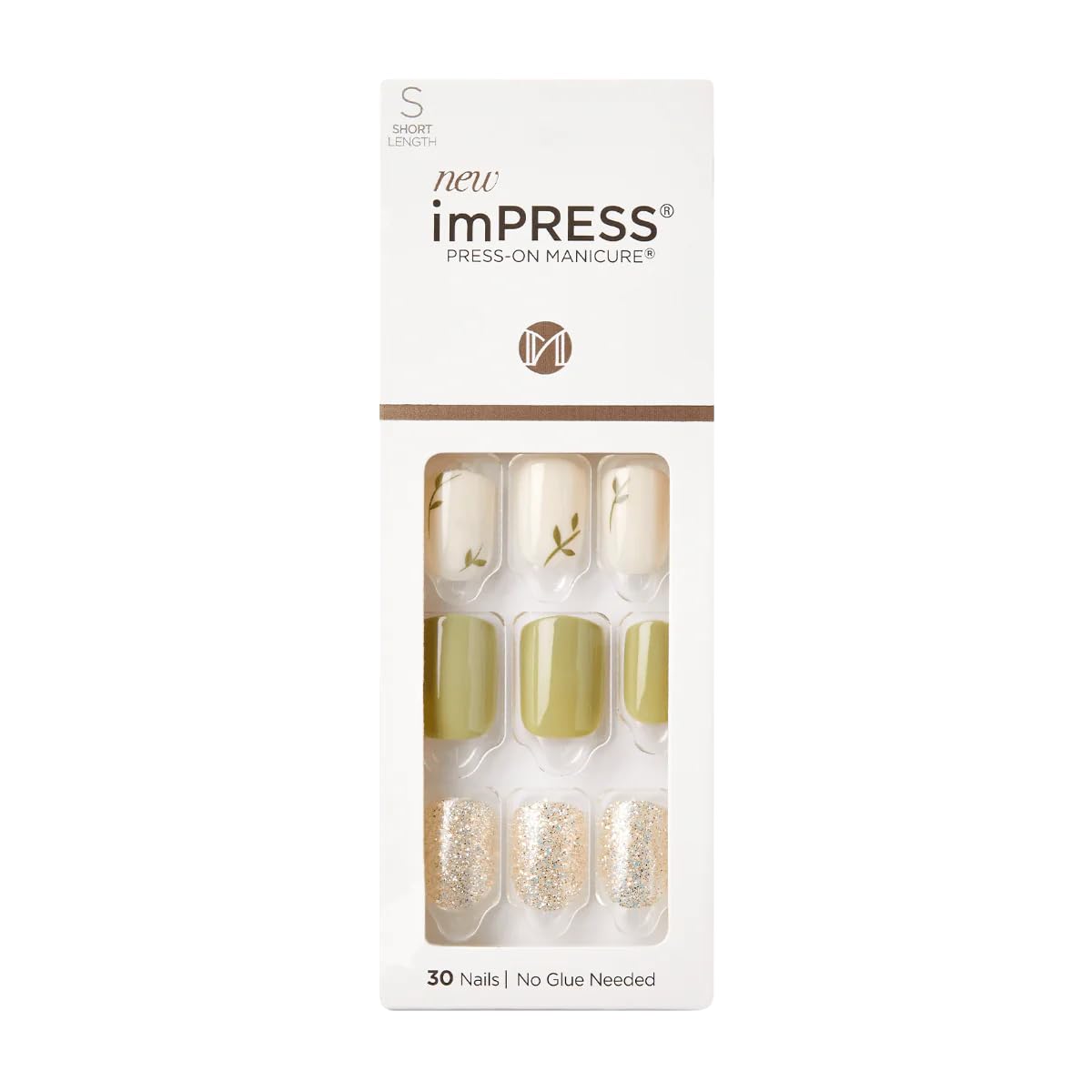 Kiss ImPress Press-On Manicure Shiny Olive Green Short Length Nails IMX39X Spring is Coming (Leaf Accent Nails), 1.0 Fl Oz