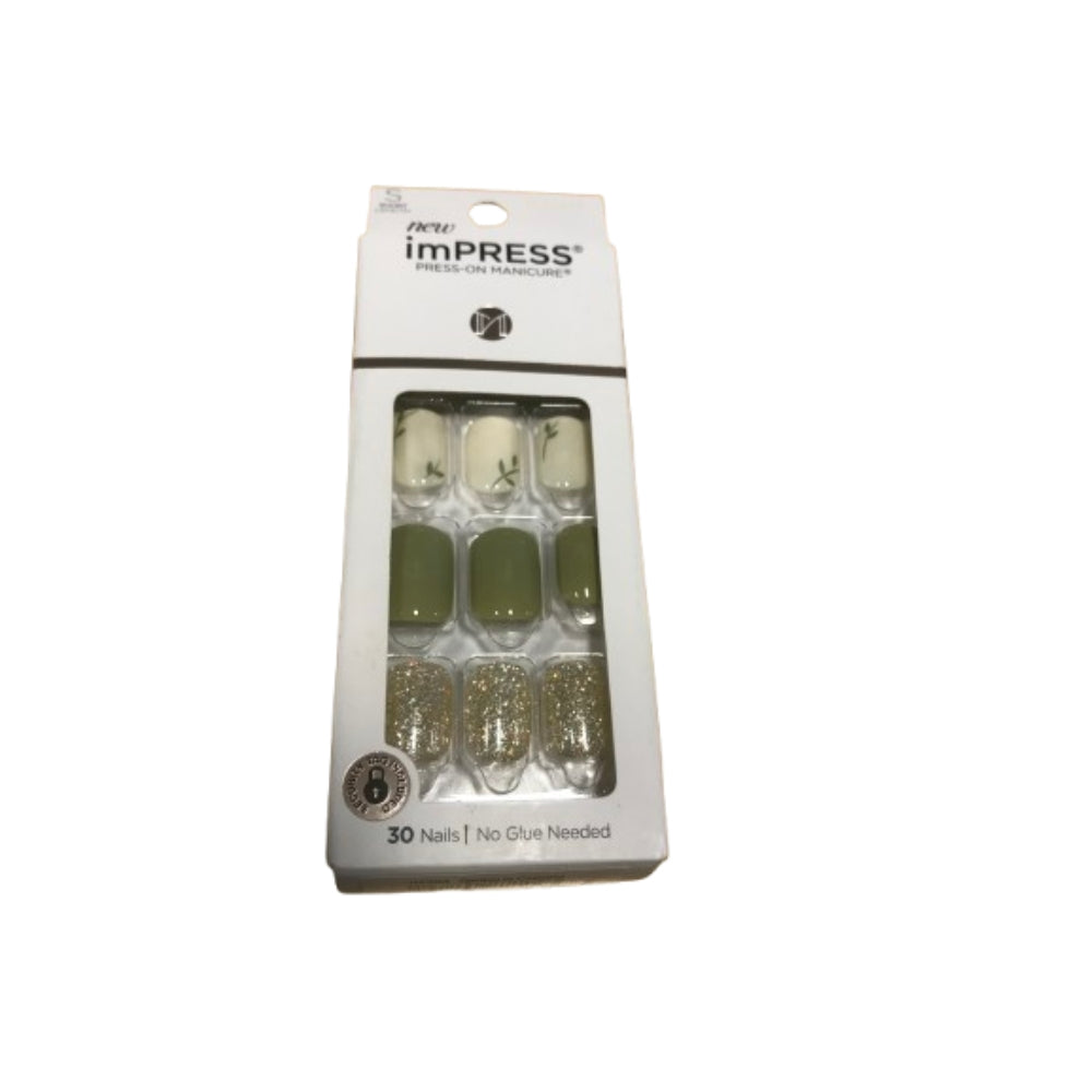 Kiss ImPress Press-On Manicure Shiny Olive Green Short Length Nails IMX39X Spring is Coming (Leaf Accent Nails), 1.0 Fl Oz