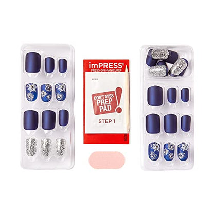 KISS imPRESS Limited Edition Holiday Press-On Manicure with PureFit Technology, Short Length, Square Shaped, Blue Press-On Nails, Style 'Feeling Pine’