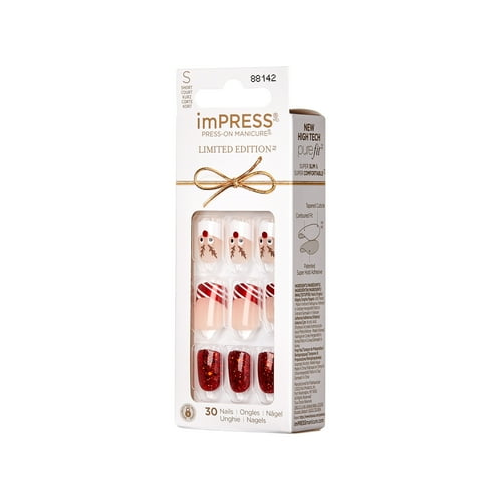 KISS imPRESS Limited Edition Holiday Short Squoval Press-On Nails, Red,30 Pieces