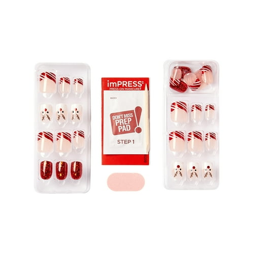KISS imPRESS Limited Edition Holiday Short Squoval Press-On Nails, Red,30 Pieces