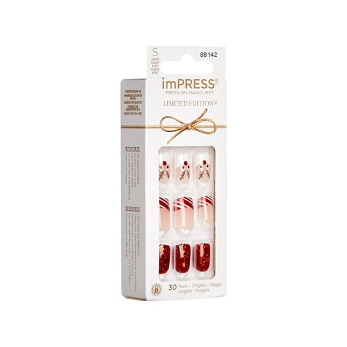KISS imPRESS Limited Edition Holiday Short Squoval Press-On Nails, Red,30 Pieces