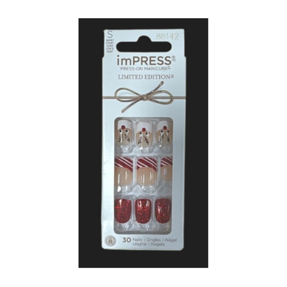 KISS imPRESS Limited Edition Holiday Short Squoval Press-On Nails, Red,30 Pieces