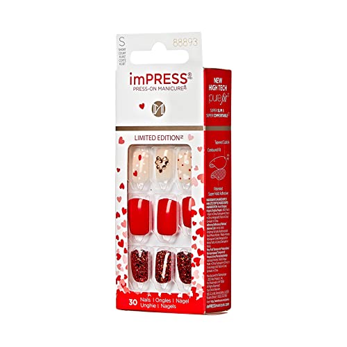 KISS imPRESS Press-On Manicure Limited Edition Valentine Nails, ‘Crazy Over You’, 30 Count Red IM82X