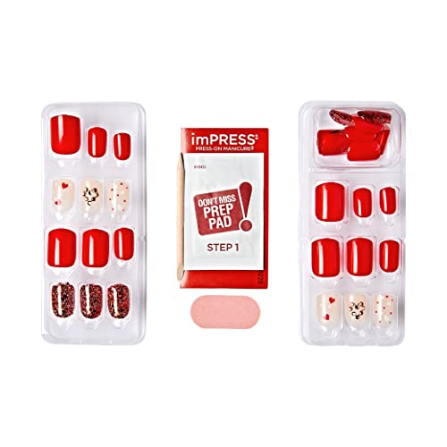 KISS imPRESS Press-On Manicure Limited Edition Valentine Nails, ‘Crazy Over You’, 30 Count Red IM82X