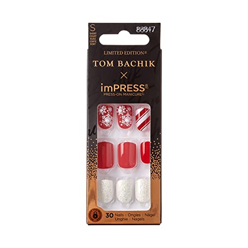 KISS TOM BACHIK x imPRESS Press-On Manicure Nail Kit, Style "Candy Couture" Short Square Red Press-On Nails, Includes Prep Pad, Mini Nail File, Cuticle Stick, & 30 Fake Nails