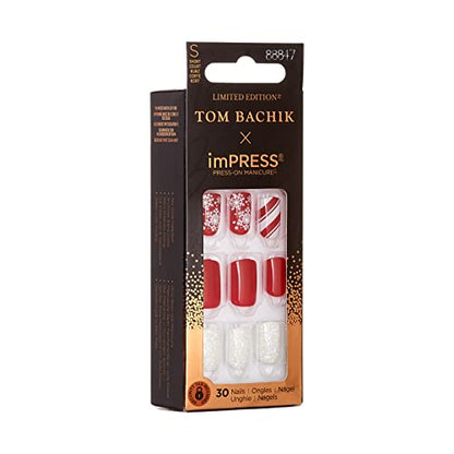 KISS TOM BACHIK x imPRESS Press-On Manicure Nail Kit, Style "Candy Couture" Short Square Red Press-On Nails, Includes Prep Pad, Mini Nail File, Cuticle Stick, & 30 Fake Nails