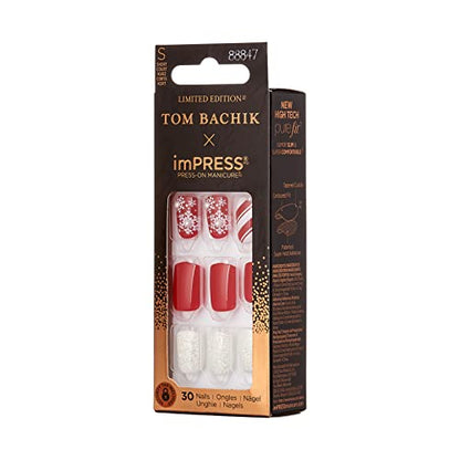 KISS TOM BACHIK x imPRESS Press-On Manicure Nail Kit, Style "Candy Couture" Short Square Red Press-On Nails, Includes Prep Pad, Mini Nail File, Cuticle Stick, & 30 Fake Nails