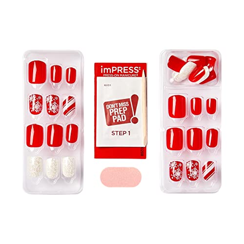 KISS TOM BACHIK x imPRESS Press-On Manicure Nail Kit, Style "Candy Couture" Short Square Red Press-On Nails, Includes Prep Pad, Mini Nail File, Cuticle Stick, & 30 Fake Nails