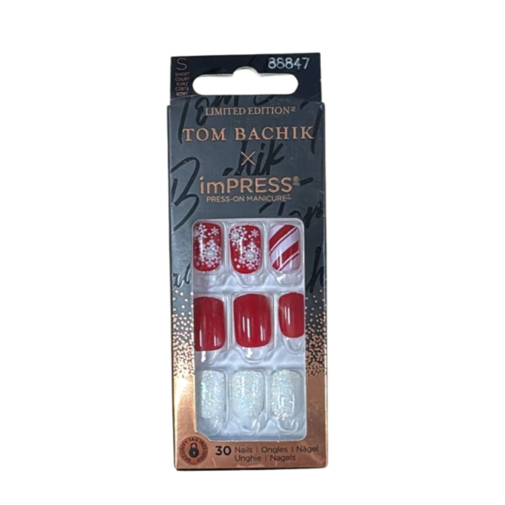KISS TOM BACHIK x imPRESS Press-On Manicure Nail Kit, Style "Candy Couture" Short Square Red Press-On Nails, Includes Prep Pad, Mini Nail File, Cuticle Stick, & 30 Fake Nails