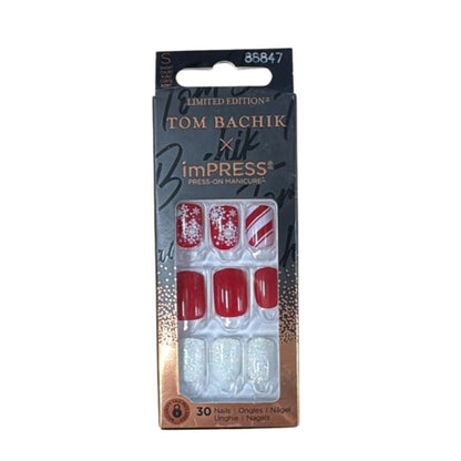 KISS TOM BACHIK x imPRESS Press-On Manicure Nail Kit, Style "Candy Couture" Short Square Red Press-On Nails, Includes Prep Pad, Mini Nail File, Cuticle Stick, & 30 Fake Nails