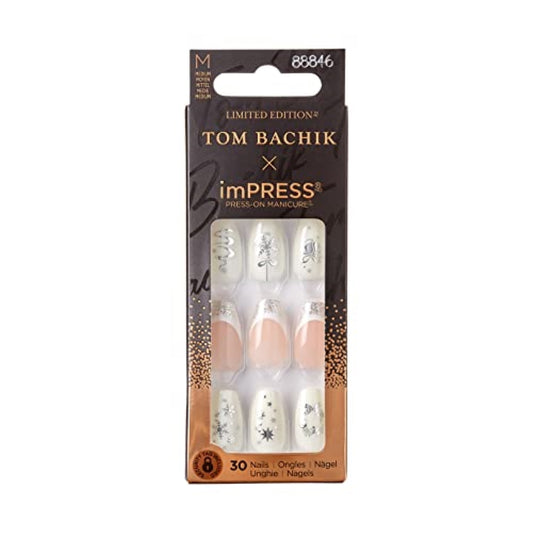 KISS TOM BACHIK x imPRESS Press-On Manicure Nail Kit, Style "Celebration" Medium Coffin White French Press-On Nails, Includes Prep Pad, Mini Nail File, Cuticle Stick, & 30 Fake Nails