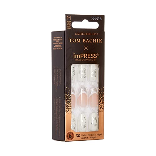 KISS TOM BACHIK x imPRESS Press-On Manicure Nail Kit, Style "Celebration" Medium Coffin White French Press-On Nails, Includes Prep Pad, Mini Nail File, Cuticle Stick, & 30 Fake Nails