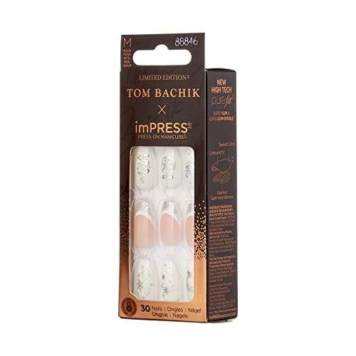 KISS TOM BACHIK x imPRESS Press-On Manicure Nail Kit, Style "Celebration" Medium Coffin White French Press-On Nails, Includes Prep Pad, Mini Nail File, Cuticle Stick, & 30 Fake Nails