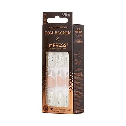 KISS TOM BACHIK x imPRESS Press-On Manicure Nail Kit, Style "Celebration" Medium Coffin White French Press-On Nails, Includes Prep Pad, Mini Nail File, Cuticle Stick, & 30 Fake Nails