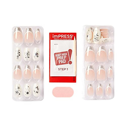 KISS TOM BACHIK x imPRESS Press-On Manicure Nail Kit, Style "Celebration" Medium Coffin White French Press-On Nails, Includes Prep Pad, Mini Nail File, Cuticle Stick, & 30 Fake Nails