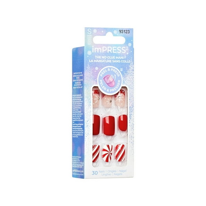 KISS imPRESS Holiday Press on Nails, Design, Winter Warmth, Red, Short Squoval, 30 Count