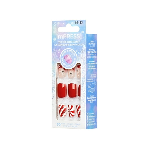 KISS imPRESS Holiday Press on Nails, Design, Winter Warmth, Red, Short Squoval, 30 Count