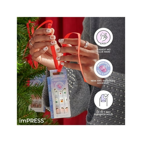 KISS imPRESS Holiday Press on Nails, Design, Winter Warmth, Red, Short Squoval, 30 Count