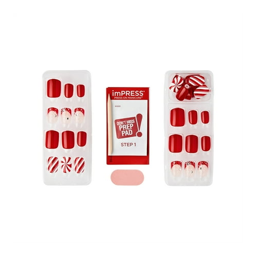 KISS imPRESS Holiday Press on Nails, Design, Winter Warmth, Red, Short Squoval, 30 Count