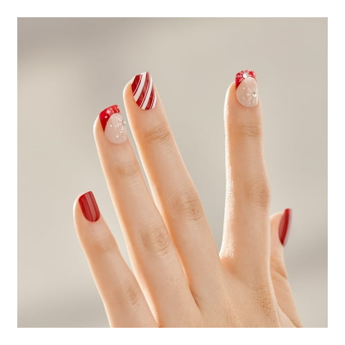 KISS imPRESS Holiday Press on Nails, Design, Winter Warmth, Red, Short Squoval, 30 Count