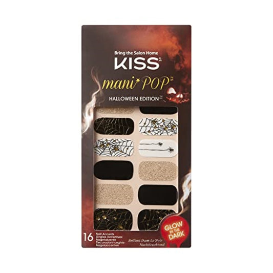 KISS mani POP Halloween Edition Glow-in-The-Dark DIY Self-Adhesive Nail Accent Wraps, Style ‘Witchy way?’, 16 Count