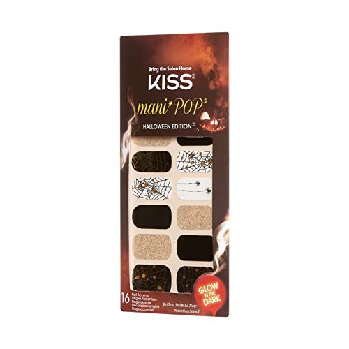 KISS mani POP Halloween Edition Glow-in-The-Dark DIY Self-Adhesive Nail Accent Wraps, Style ‘Witchy way?’, 16 Count