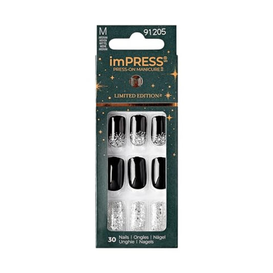 imPRESS imPRESS Design Press-On Nails, Wishlist, Black, Medium Size, Squoval Shape, 30 Nails, Prep Pad, Instructions Sheet, 1 Manicure Stick, 1 Mini File