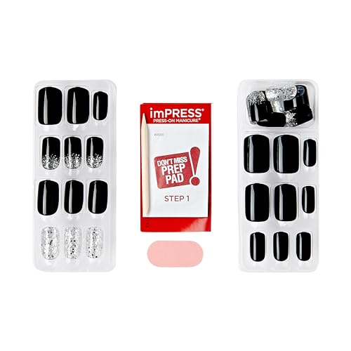 imPRESS imPRESS Design Press-On Nails, Wishlist, Black, Medium Size, Squoval Shape, 30 Nails, Prep Pad, Instructions Sheet, 1 Manicure Stick, 1 Mini File