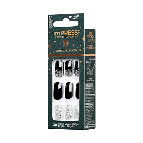 imPRESS imPRESS Design Press-On Nails, Wishlist, Black, Medium Size, Squoval Shape, 30 Nails, Prep Pad, Instructions Sheet, 1 Manicure Stick, 1 Mini File