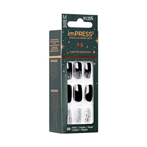 imPRESS imPRESS Design Press-On Nails, Wishlist, Black, Medium Size, Squoval Shape, 30 Nails, Prep Pad, Instructions Sheet, 1 Manicure Stick, 1 Mini File