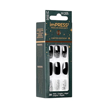 imPRESS imPRESS Design Press-On Nails, Wishlist, Black, Medium Size, Squoval Shape, 30 Nails, Prep Pad, Instructions Sheet, 1 Manicure Stick, 1 Mini File