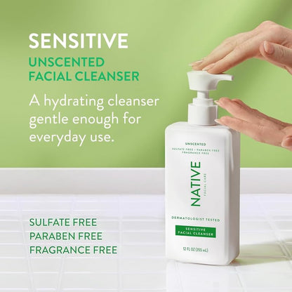 Native Sensitive Face Wash, Spa Day Every Day Facial Cleanser (2 Pack) | Daily Face Cleaner with Aloe and Vitamin B3, Unscented, 12 fl oz