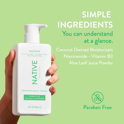 Native Sensitive Face Wash, Spa Day Every Day Facial Cleanser (2 Pack) | Daily Face Cleaner with Aloe and Vitamin B3, Unscented, 12 fl oz