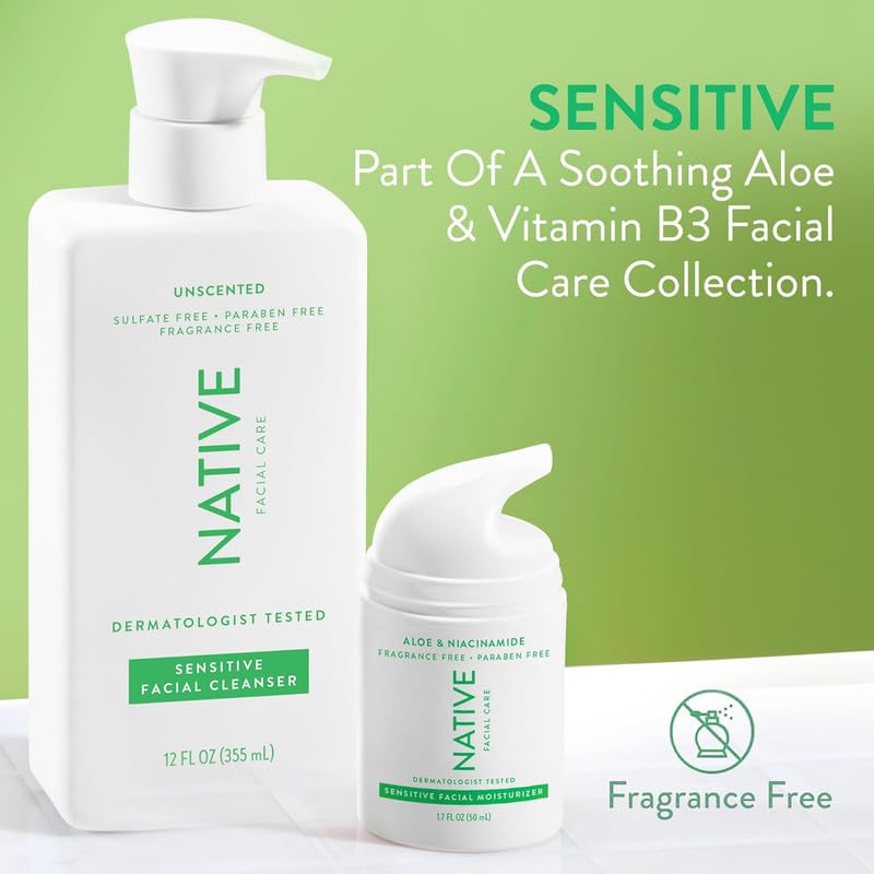 Native Sensitive Face Wash, Spa Day Every Day Facial Cleanser (2 Pack) | Daily Face Cleaner with Aloe and Vitamin B3, Unscented, 12 fl oz
