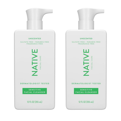 Native Sensitive Face Wash, Spa Day Every Day Facial Cleanser (2 Pack) | Daily Face Cleaner with Aloe and Vitamin B3, Unscented, 12 fl oz