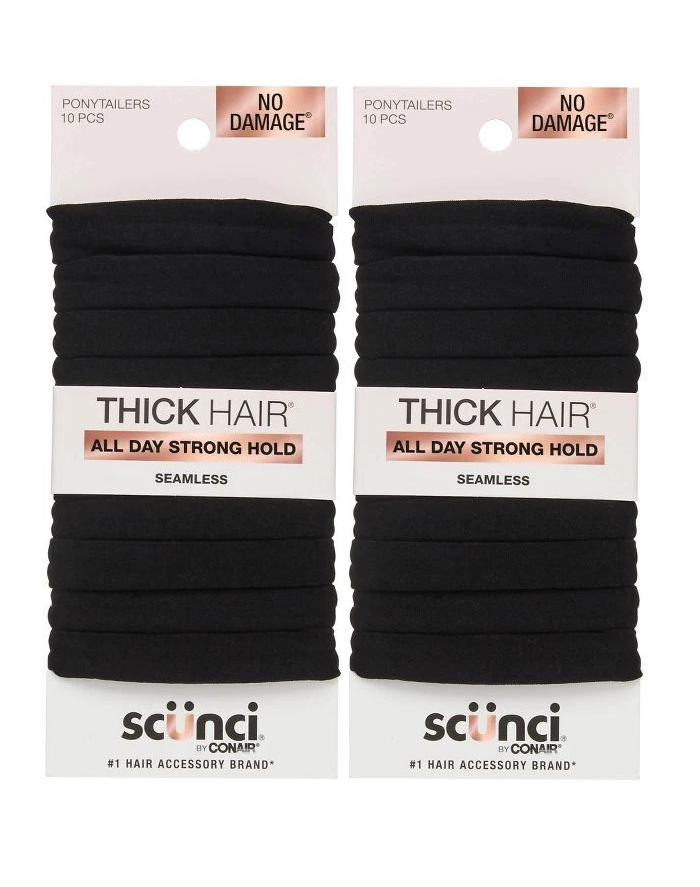 10 Scunci No Damage Thick Hair All Day Strong Hold Hosiery Ponytailers, Black