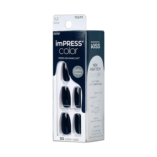 KISS imPRESS Color No Glue Mani 30 Pcs Press On Nails, Navy, Dark Blue, Medium Size, Coffin Shape, Simple Peel & Press Easy Apply, Hassel-Free Removal, Essential Tools Included