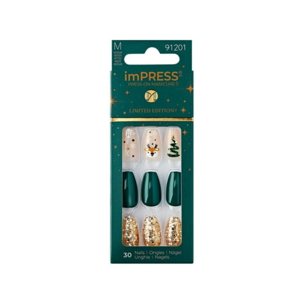imPRESS Holiday Press-On Nails, Cozy Comfort, Green, Medium Length, Coffin Shape, 30 Ct.