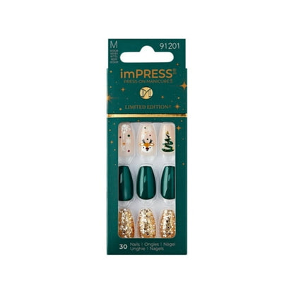 imPRESS Holiday Press-On Nails, Cozy Comfort, Green, Medium Length, Coffin Shape, 30 Ct.