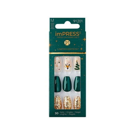 imPRESS Holiday Press-On Nails, Cozy Comfort, Green, Medium Length, Coffin Shape, 30 Ct.
