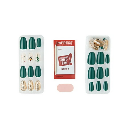 imPRESS Holiday Press-On Nails, Cozy Comfort, Green, Medium Length, Coffin Shape, 30 Ct.