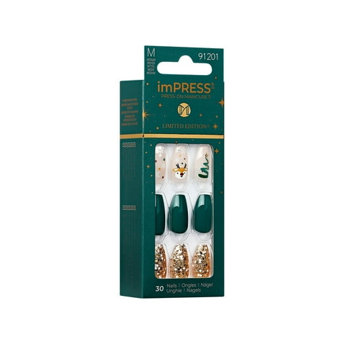 imPRESS Holiday Press-On Nails, Cozy Comfort, Green, Medium Length, Coffin Shape, 30 Ct.