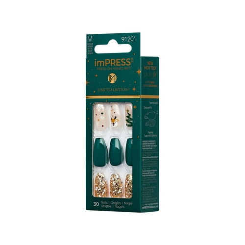 imPRESS Holiday Press-On Nails, Cozy Comfort, Green, Medium Length, Coffin Shape, 30 Ct.